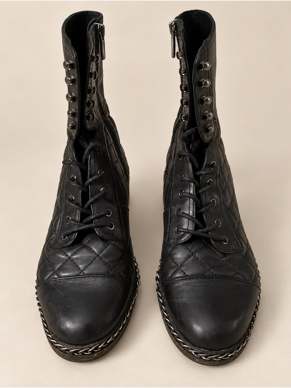 Vince Camuto Black Quilted Lace-Up Ankle Boots with Chain Trim